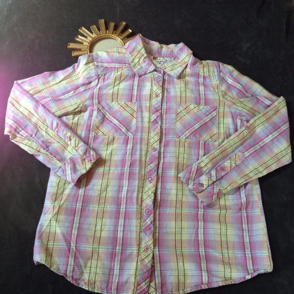Kut from the Kloth Shirt Pink Plaid Womens M Button Down Long Sleeves Western